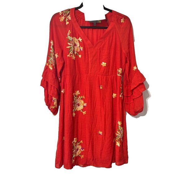 Figueroa Flower Women's Floral Embroidered Tiered Dress Red Small Short Sleeve - Picture 2 of 7